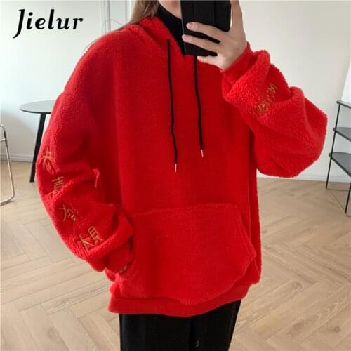 Jielur 2021 Winter New Lamb Cashmere Warm Sweatshirt Chinese Letter Embroidery Hoodies Women Red Hooded Pullover Female M-XL