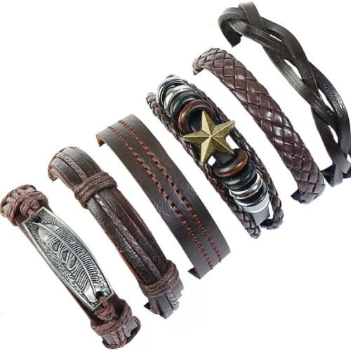 Punk Fashion Charm Genuine Leather Bracelets Set Rock Alloy Star Feather Weave Handmade Wristbands Women Wrap Bangle Men Jewelry