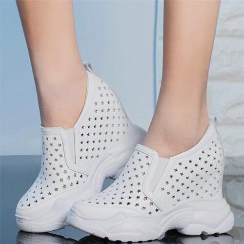 Breathable Fashion Sneakers Women Genuine Leather Wedges High Heel Platform Pumps Shoes Female Summer Punk Trainers Casual Shoes