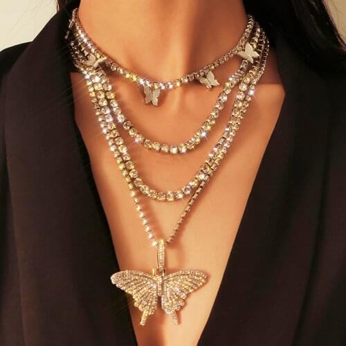 Multilayer Fashion Luxury Shiny Crystal Big Butterfly Pendant Necklace Women Rhinestone Chain Necklaces Girls Party Jewelry
