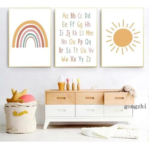 Cartoon Sun Rainbow Nordic Posters Minimalist Alphabet Canvas Painting and Prints Wall Art Picture Baby Kids Room Home Decor