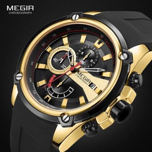 MEGIR Mens Quartz Watches Silicone Strap Leisure Sports Chronograph Wristwatch for Man Clock Relogios Masculino 2086 Gold Black