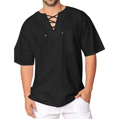2021 New Mens Casual Linen V Neck bandage T shirts Male Solid Color Long Sleeves Casual Cotton Linen tshirt Tops M-3XL