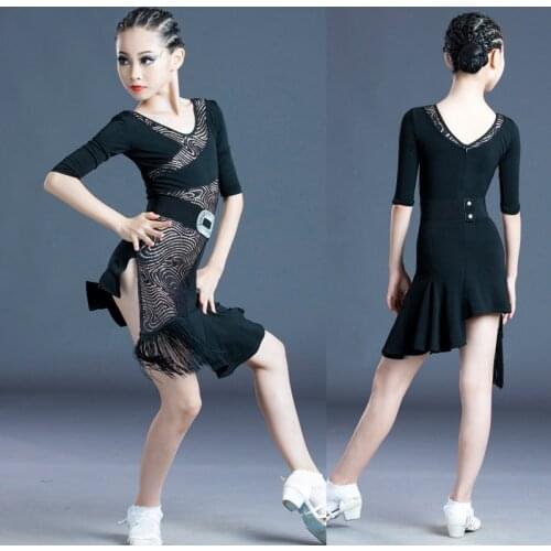 New Children Latin Dance Dress Tassel Fringed Tango Salsa Ballroom Kids Dresses For Girls Sexy Hollow Latin Costume Competition