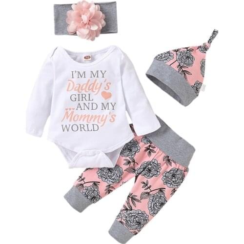 Baby Girl Clothing Newborn Kids Baby Girls Outfits Clothes Romper Bodysuit+Flower Printed Pants+Headband+Hat Set New 2021