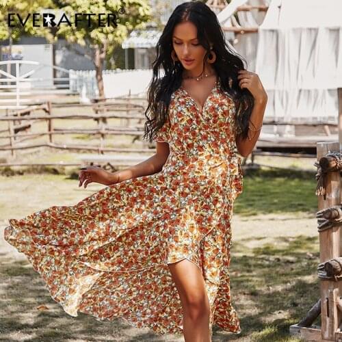 EVERAFTER Elegant Floral Print High Waist Short Sleeve Dress Women Sexy V-Neck Split Ruffles Casual Female Holiday Midi Dress