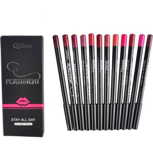Qibest 12pcs different color Waterproof Lip Liner Pencil Women Professional matte Long Lasting Lipliner lip pencil Makeup Tools