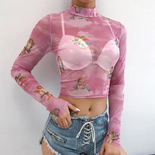 Mesh transparent solid color sexy angel long sleeve t-shirt summer tops for women 2019 fashion casual streetwear graphic