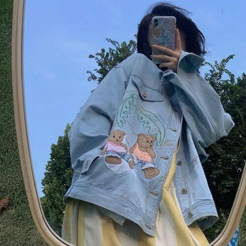 New Cartoon Bear Embroidery Cowboy Coat Loose Korean Long Sleeve Denim Jacket Tops Spring Autumn Casual Fashion Womens Chaqueta