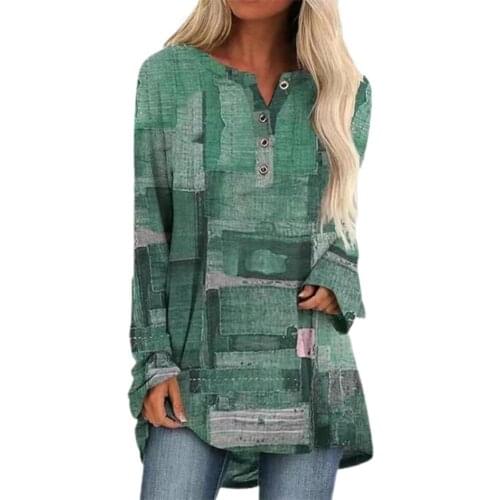 2021 Antumn Women Shirt Small V-neck Retro Style Printed Buttons Long Sleeve Female Blouse for Daily Wear Blue рубашка женская