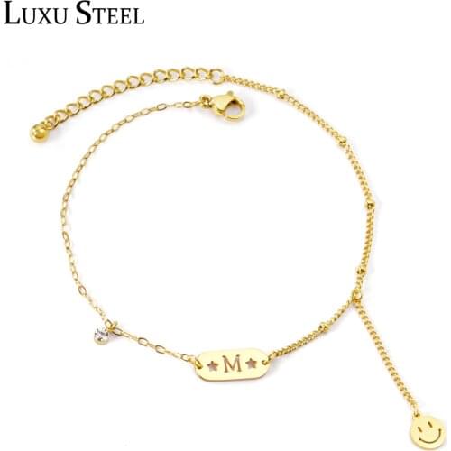 LUXUSTEEL Women Anklets Office Style Gold Color Bar Letter M Stainless Steel Foots Anklets Round CZ Pendants Wholesale Party