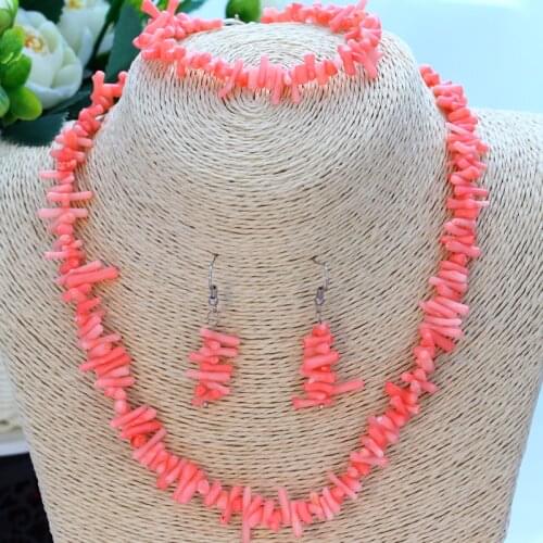 Pink Artificial Coral Jewelry Sets Women Natural Stone Irregular Beaded Necklace Collares Drop Earrings Link Bracelets Set