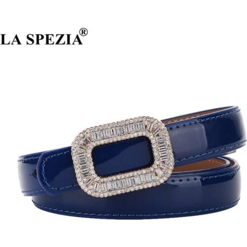 LA SPEZIA Blue Patent Leather Women Belt Rhinestone Buckle Waist Belt Thin Ladies Belts for Dress Fashion Brand Accessories