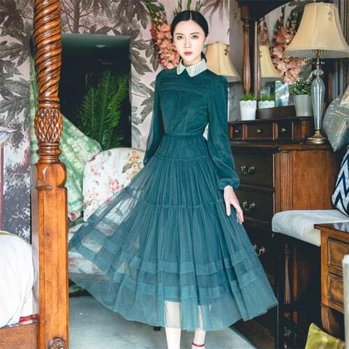 New High Quality Explosions Leisure Vintage color matching dress Women embroidery lace Spring summer Casual dress