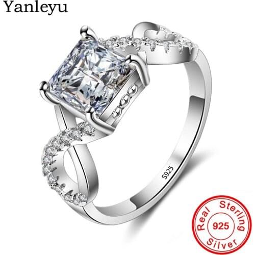 Yanleyu Jewelry Pure 925 Sterling Silver Rings for Women Square AAA Cubic Zircon Wedding Engagement Ring for Bridal PR180