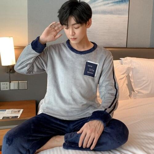 2021 Winter Thick Warm Long Sleeve Flannel Pajama Sets for Men Korean Coral Velvet Sleepwear Suit Pyjamas Homewear Home Clothes