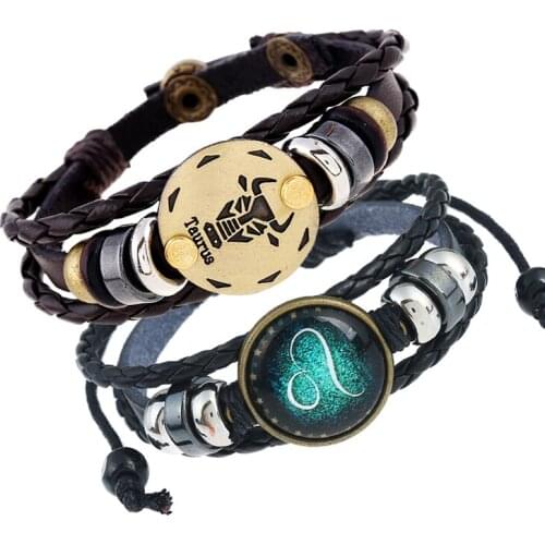 12 Constellations Hand Woven Leather Bracelet Men Women Wrist Jewelry Gift Adjustable Length Students Retro Cowhide Bracelet