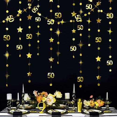 4M Gold 50th Birthday Paper Banner Decorations Number 50 Twinkle Star Dots Garlands Hanging Backdrop for 50th Anniversary Party