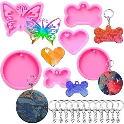 6Pcs Silicone Keychain Molds with 12Pcs Key Rings, 12Pcs Jump Rings for Epoxy Pendant DIY Crafts