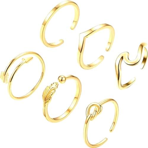 6PCS Arrow Knot Wave Rings For Women Adjustable Stackable Thumb Open Rings Set Summer Vacation Jewelry