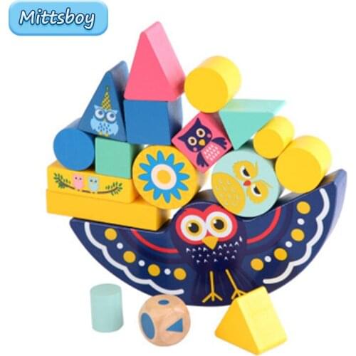 Childrens Montessori Wooden Owl Animal Balance Blocks Table Games Toy Educational Stacking High Building Block Wooden Toy Gifts