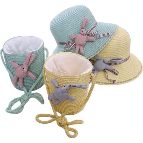 2pieces sets kids girl cute casual straw hat and handbags Outdoor children princess rabbit decorative sun caps Hats