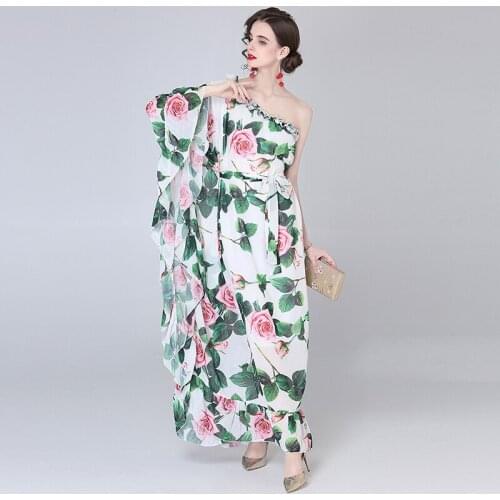 JSXDHK Elegant Summer One Shoulder Boho Maxi Holiday Dress Oversize Women Flower Print Chiffon Ruffles Batwing Sleeve Long Dress