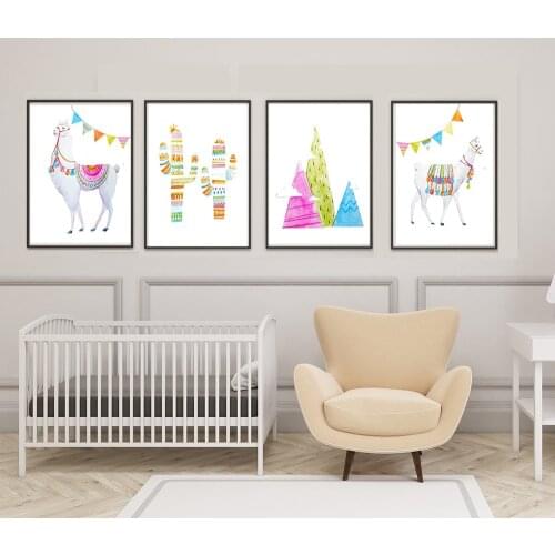 Alpaca Llama Nursery Wall Art Canvas Painting Cactus Mountain Poster and Print Wall Pictures for Kids Baby Girl Room Home Decor