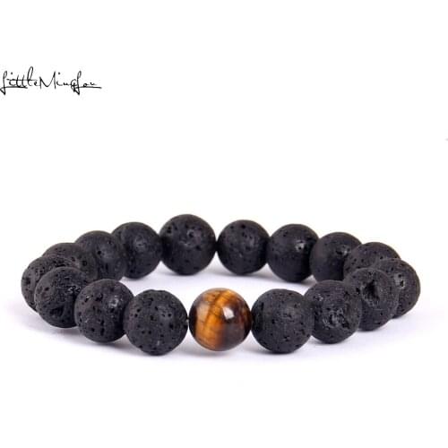 Little Minglittle 12MM Lave Stone Tiger Eye Natural Stone beads bracelets & bangles Buddha Charm Men bracelet