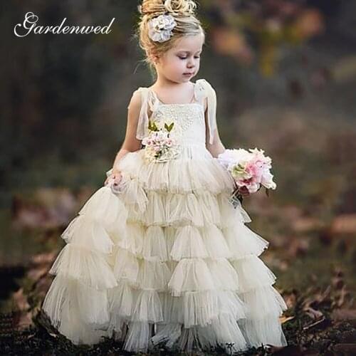 Cute Boat Neck Flower Girl Dresses Tiered Tulle Skirt Long Communion Dress Backless Spaghetti Straps Girl Wedding Party Dresses