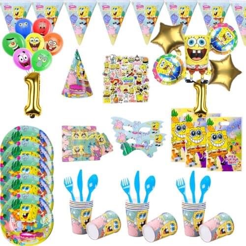 Cartoon Sponge-Bob Birthday Party Decoration Disposable Tableware Paper Plate Cup Flag Girl Boy Baby Shower Party Supplies Kids