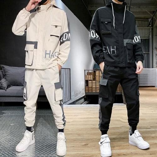2020 New Hip-hop Suit Male Set Sportswear Sweatsuit Man Tracksuit Mens Set Pant Zipper Pockets Outwear 2PC Jacket+Pants Sets