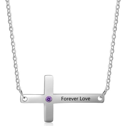 Personalized Cross Necklace Stainless Steel Jewelry Engrave Any Letters Inlay Birthstone Prayer Gift for Friend (NE103202)