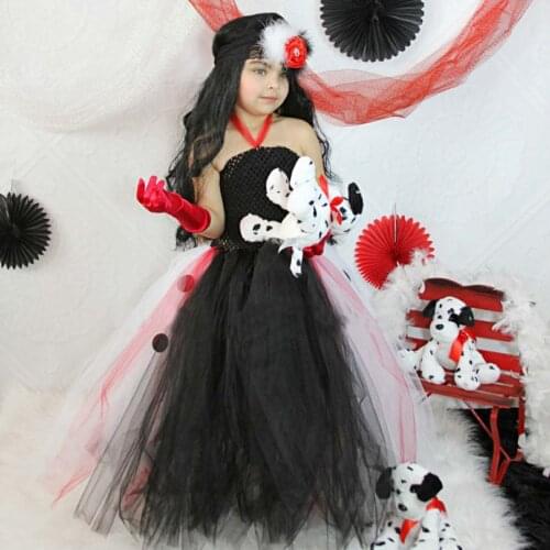 Girls Dalmatian Feather Flower Tutu Dress Kids Tulle Dress Ball Gown with Hairbow Children Birthday Party Cosplay Costume Dress