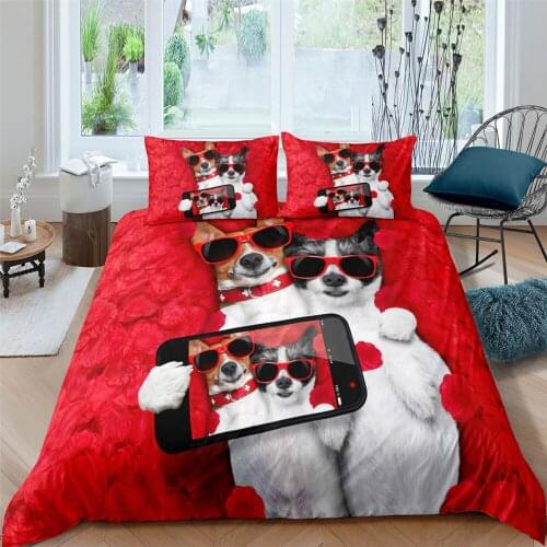 Cute Dog and red rose Bedding Set Single Queen King Size Duvet Cover Set 3D Printed Flower Lovely Pets Home Textiles Bedclothes
