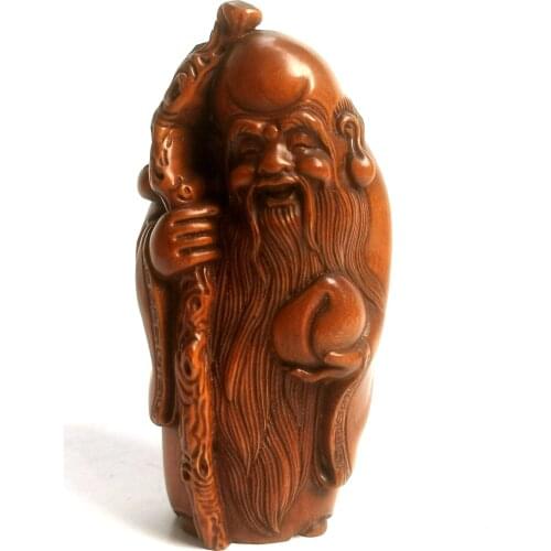 YIZHU CULTUER ART Collection China Old Boxwood Hand Carved God of Longevity Statue Family Decoration