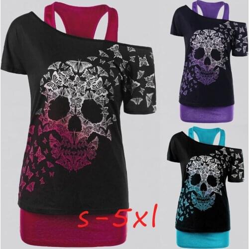 36#5XL plus size Tunic Shirt Fashion Womens Short Sleeve Plus Size Butterfly Skull Print Tops blusas mujer de moda 2020 verano