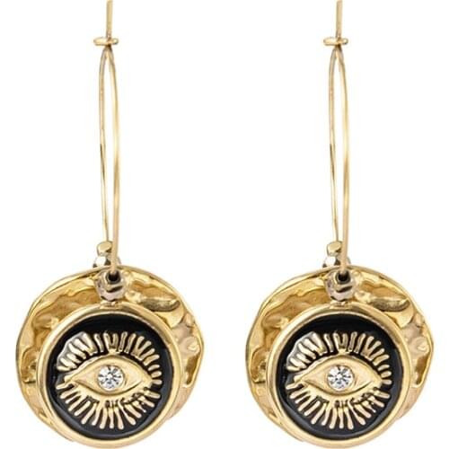 Fever&Free Bohemian Hoop Earrings For Women Gold Stainless Steel Black Blue Eyes Round Disc Big Hoop Earrings Party Jewelry Gift