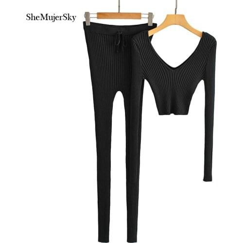 SheMujerSky Women Knitted Cropped Pullovers And Long Pants Matching Set 2021 Elastic Solid Color Skinny Slim 2 Pcs Set