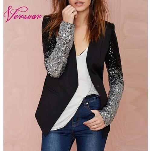 Versear Women Chic Blazer Coat Sparkling Sequin Bling Long Sleeve Blazer Elegant OL Jacket Business Suit Spring Autumn Outerwear