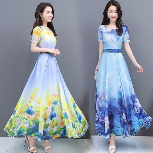 2020 new womens Floral Chiffon dress summer fashion elegant long dress female Plus Size temperament Big swing dress 3XL T416