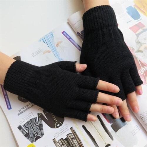 Winter Pure black Half Finger Gloves Warm Fingerless Work Gloves Women 1pair Knit Elastic Soft Wholesale 2020 Autumn Men Unisex