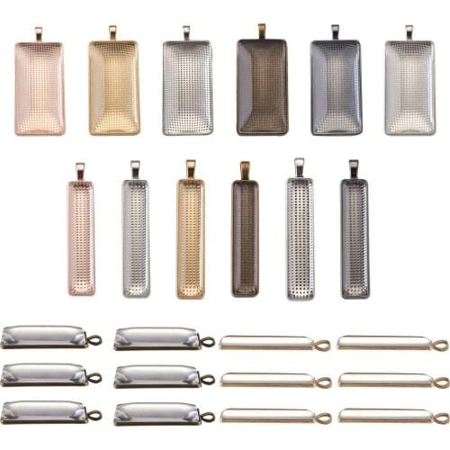 24sets Rectangle Pendant Tray Bezel Setting with Clear Glass Cabochons Domes for DIY Craft Photo Pendant Necklace Jewelry Making