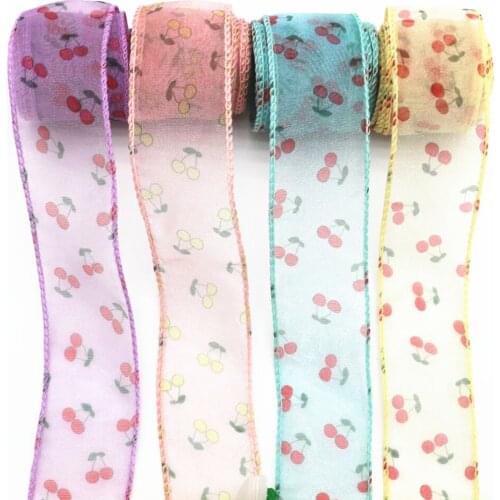 4 cm 5.5cm 25 yards selvedge printing yarn cherry gauze flower shoes Hat Bow accessories lock yarn gift packaging
