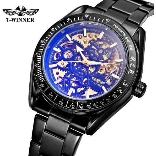 WINNER 2018 New Fashion Mechanical Watches Men Brand Coated Blue Glass Automatic Watch Male Black Stainless Steel Skeleton Clock