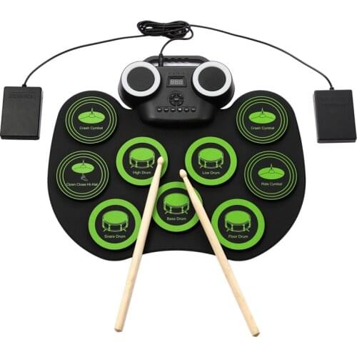 WERSI Silica Gel Electronic Drum Set Roll Up Portable Practice Pad Kit Built-in 2 Effect Pedals Drumsticks for Kids Beginners