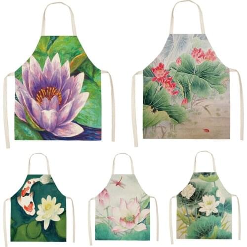1Pcs Flower Lotus Pattern Women Lady Apron for Home Kitchen Restaurant Cooking Bib Aprons Catering Anti-Fouling 55*68cm