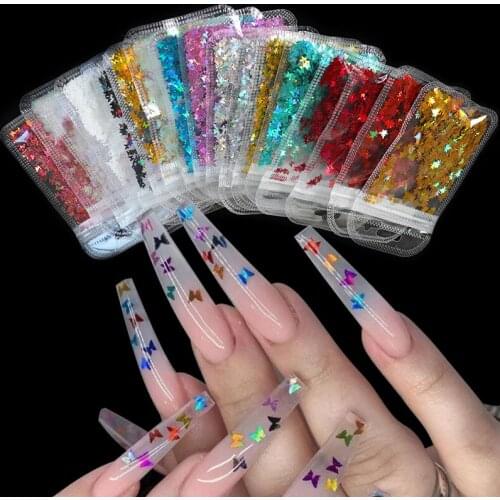 Holographic Butterfly Heart Nail Art Glitter Micro Laser Star Flakes 3D Silver Gold Sequins Polish Manicure Nail Decoration