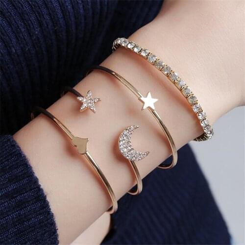 2019 Hot 5 Pcs/set Womens Fashion Crystal Heart Moon Star Gold Bracelet Set Bohemian Bangle Vintage Jewelry Wholesale