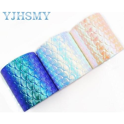 I-19517-1229 3'' 75mm 2yards Leather rainbow gradient Mermaid scale Peacock feather ripple Ribbon DIY handmade headdress